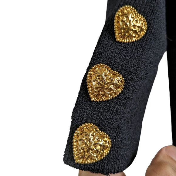 St. John Collection Heart Clasp/Ornaments Black Knit Long Cardigan Size 10 - Picture 4 of 6